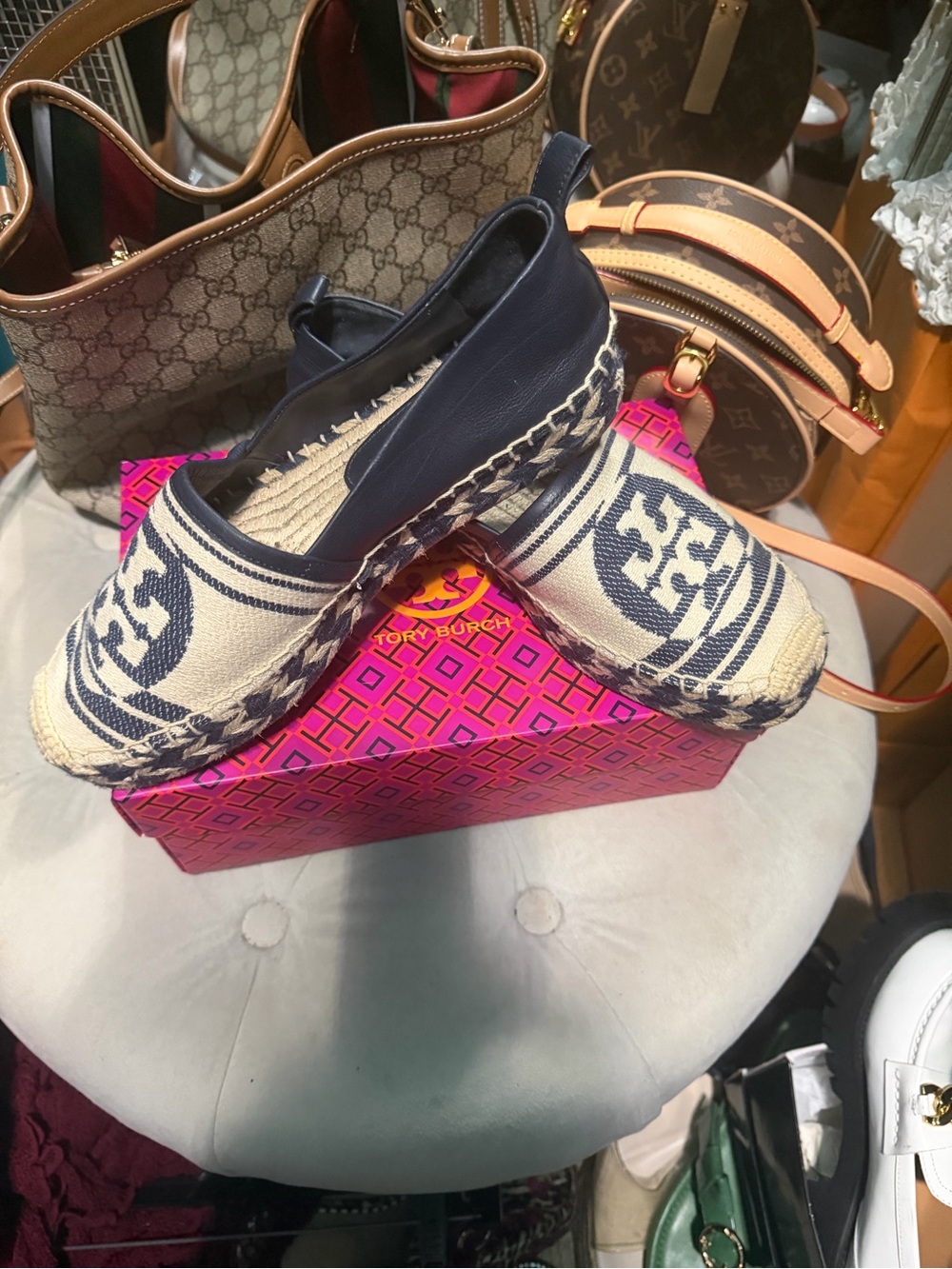 Tory Burch Navy and Cream Canvas Espadrille Slip-Ons